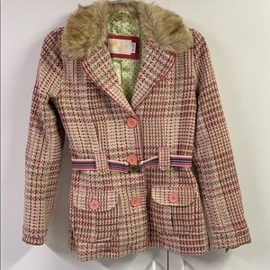 Hollister Faux fur trim cross hatch jacket w/belt